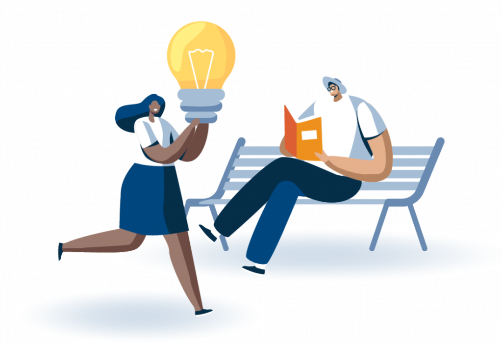 illustration of women running with giant light bulb and a man sitting on a bench reading
