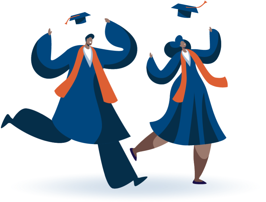 illustration of two graduates throwing their mortar boards in the air